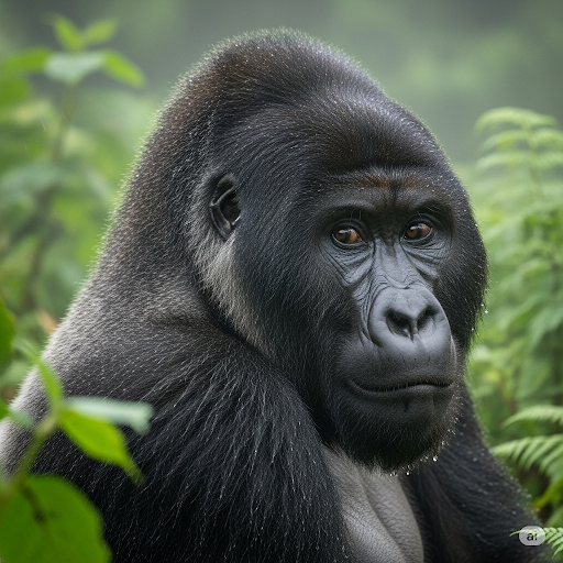 A close-up view of a mountain gorilla in the forest.