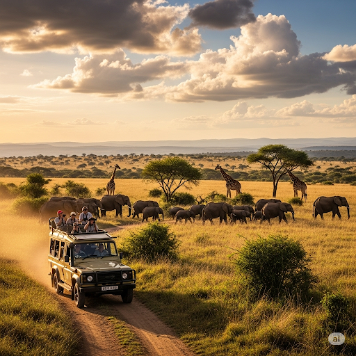 Elephants and other wildlife on the savannah plains.